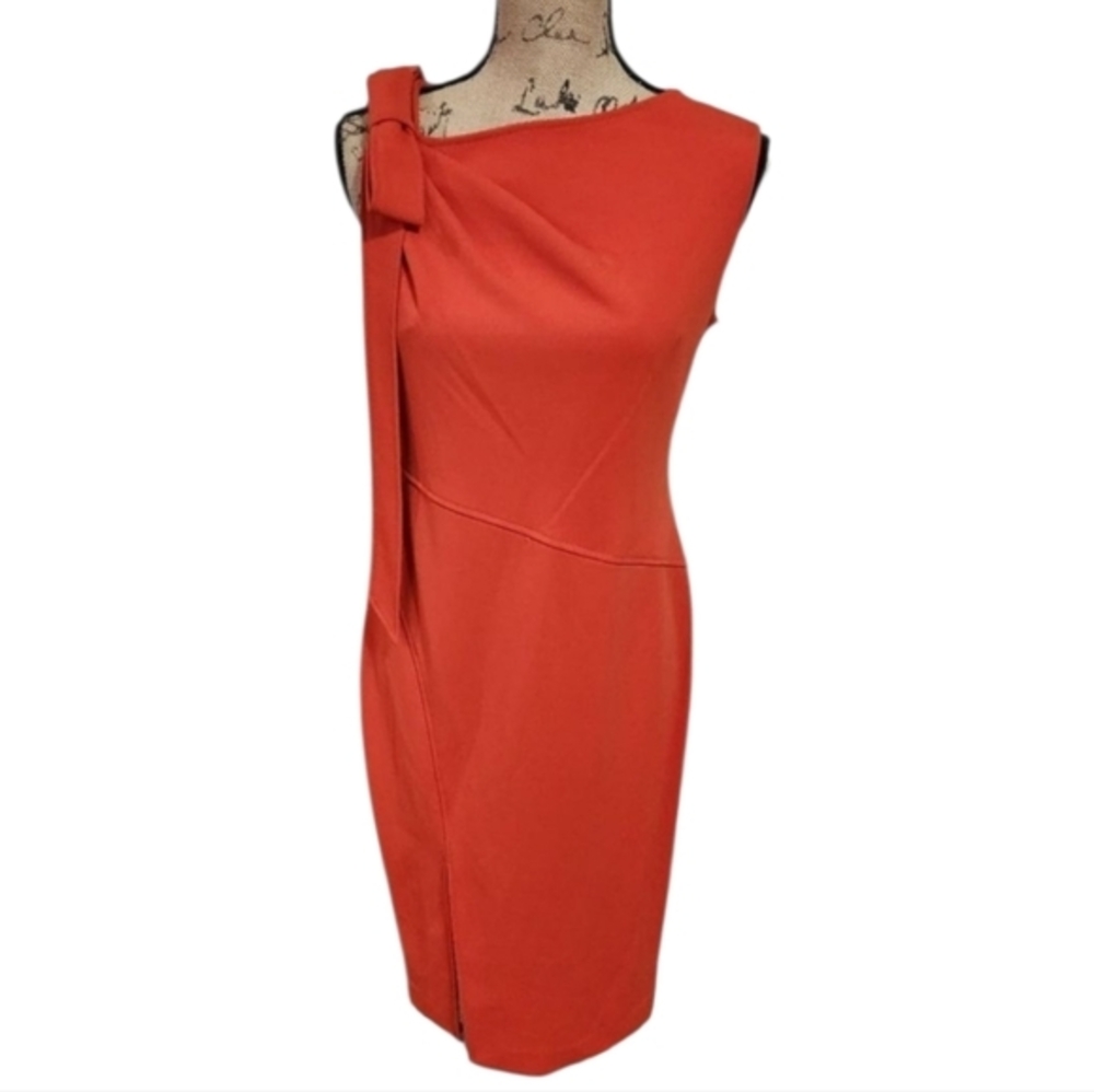 Calvin Klein Coral Orange Sheath Dress Sleeveless Cocktail‎ Party Bow Size 8 New